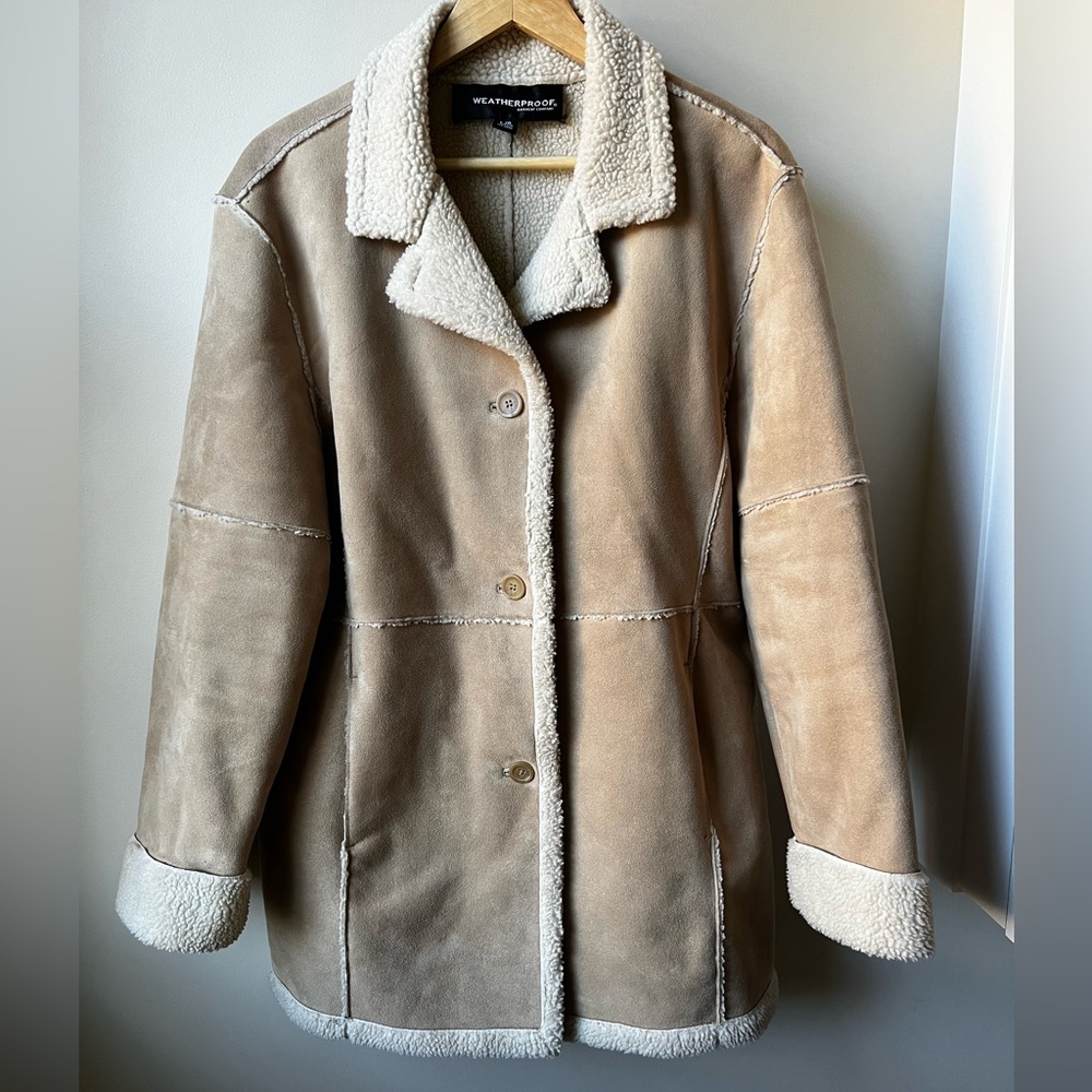 WEATHERPROOF Sherpa Faux Suede Leather Coat Vegan Shearling Phoebe Buffay L